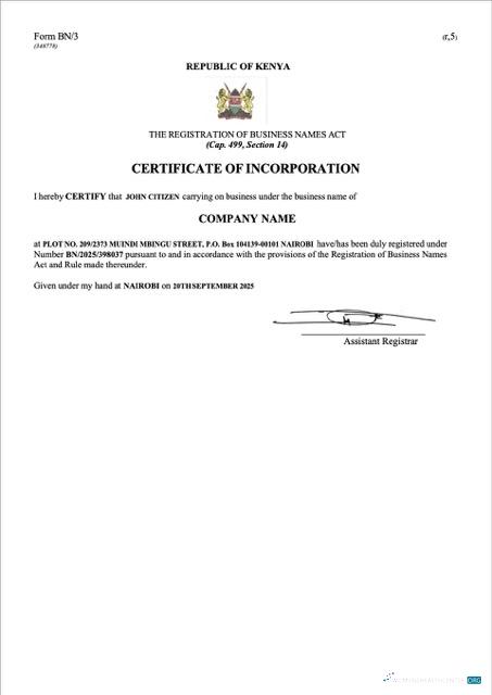 Kenya certificate of incorporation Word and PDF template, version 2